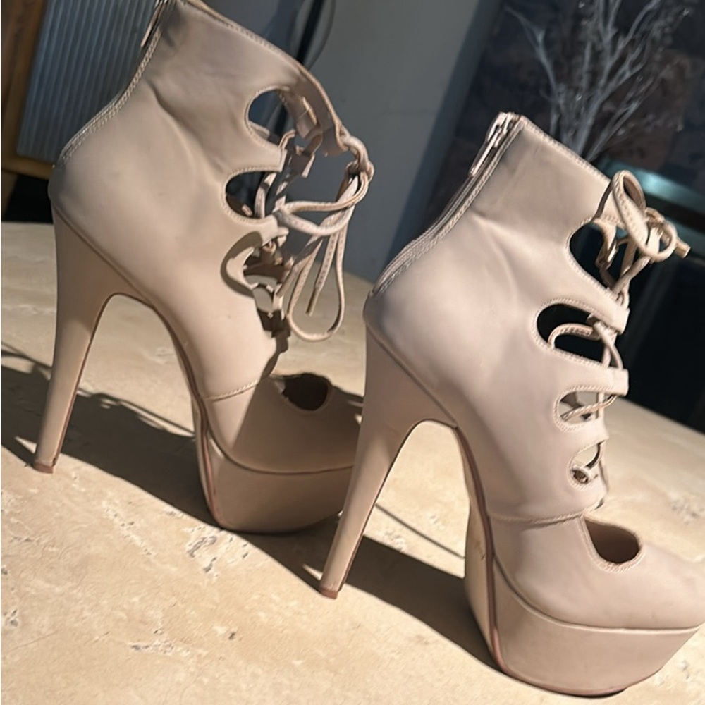 Anne Michelle nude platform lace up tie stiletto high heels